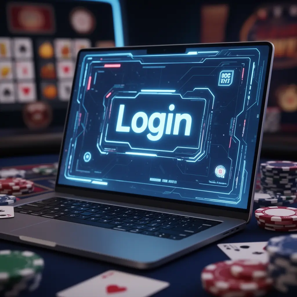 7555bat Login – Secure and fast access to your gaming account in Bangladesh Futuristic 7555bat login screen on a laptop with blurred casino chips and cards in the background representing secure access in Bangladesh